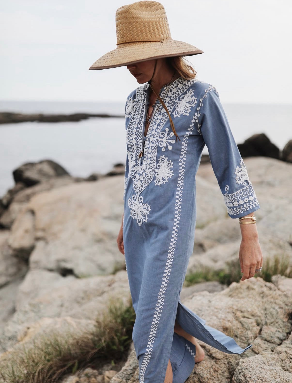 70s Embroidered Longsleeved Chambray Caftan