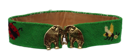 Needlepoint Belt with Flowers, Bugs and Brass Elephant Buckle