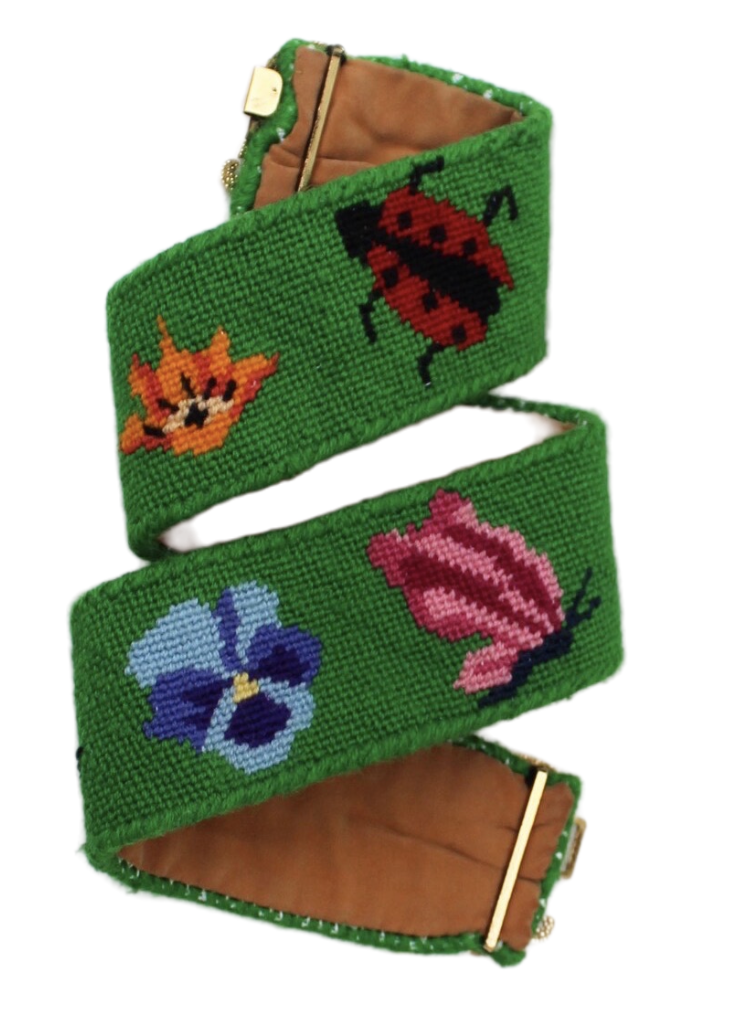 Needlepoint Belt with Flowers, Bugs and Brass Elephant Buckle